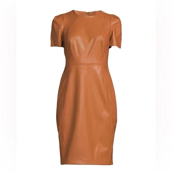 Calvin Klein Faux Leather Pencil Dress Women’s Size 10 Camel - Picture 2 of 7